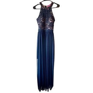 Morgan & Co. Navy Lace Chiffon Halter Sleeveless Illusion Prom Gown Dress 7/8